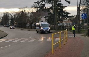 Funkcjonariusz stojący przy przejściu dla pieszych, za nim na drodze stoi radiowóz z włączonymi sygnałami świetlnymi