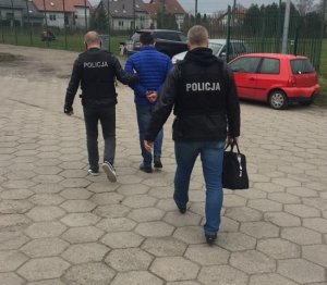 Dwóch policjantów stojących tyłem prowadzi zatrzymanego. Zatrzymany ma założone kajdanki trzymane z tyłu